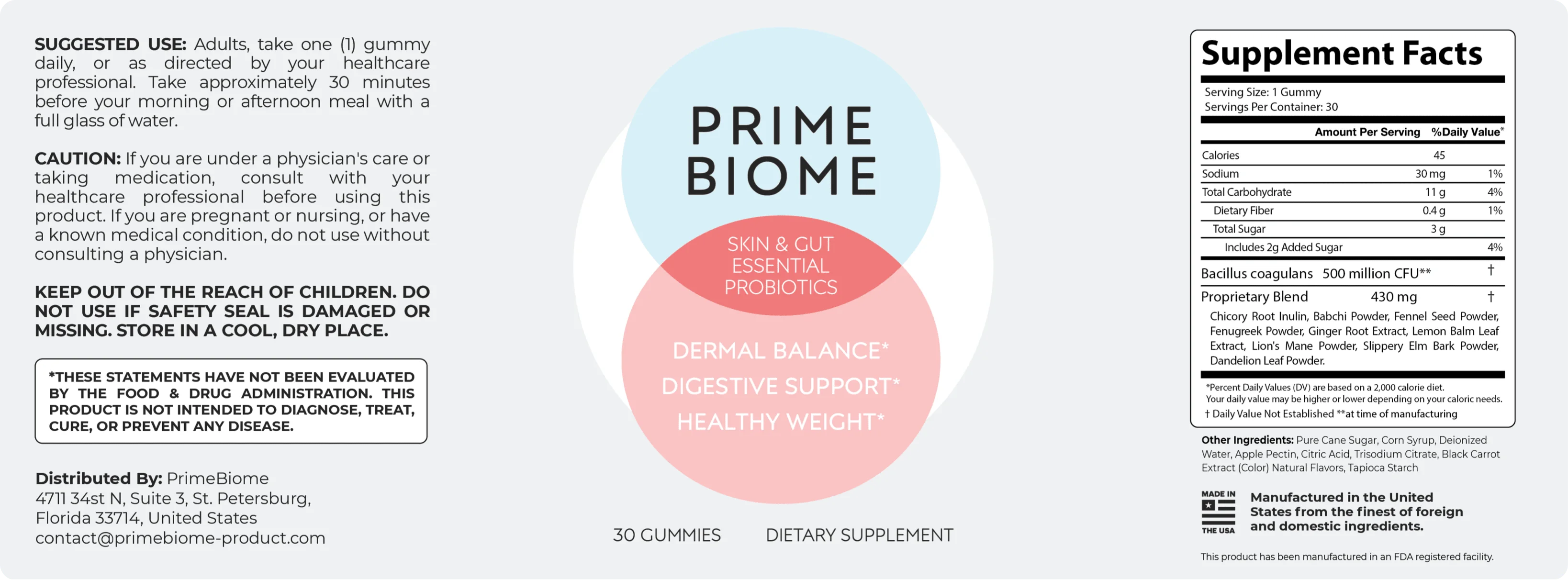 PrimeBiome Supplement facts